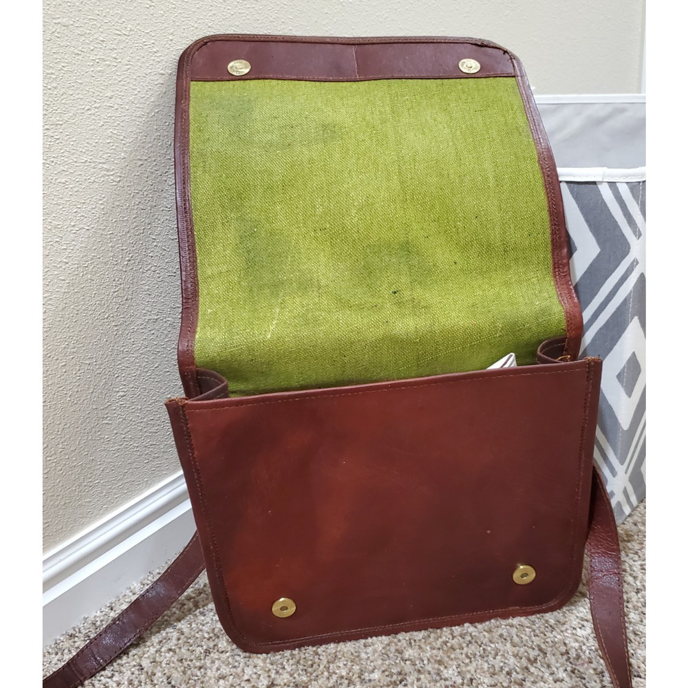 Vintage Brown Genuine Leather Crossbody Messenger Bag Canvas Lining - Picture 10 of 11